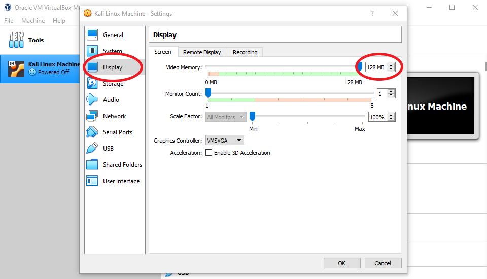VirtualBox Windows with the Display tab and the Video Memory emphasized