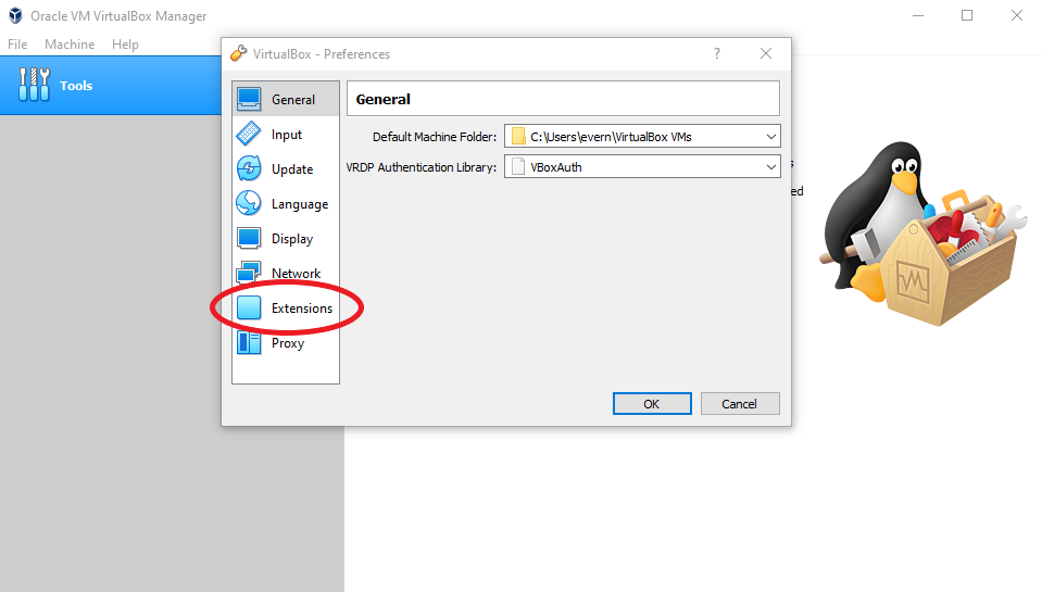 VirtualBox Windows with the Extensions tab emphasized