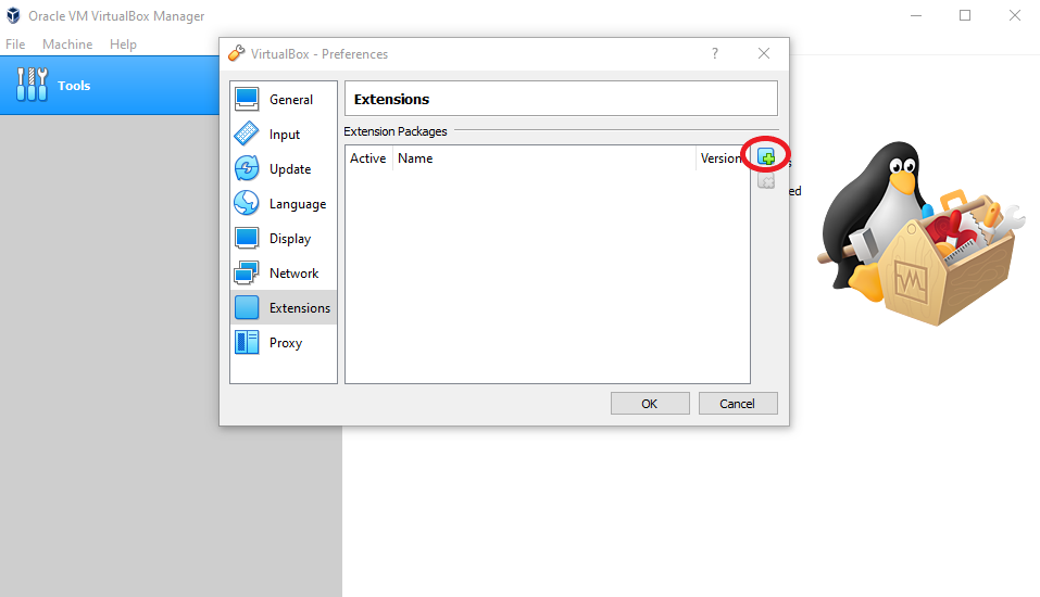 VirtualBox Windows with the Extensions tab open and the square with the green plus circled