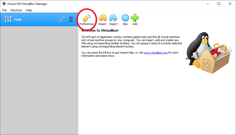 VirtualBox Windows with the Preferences tab emphasized