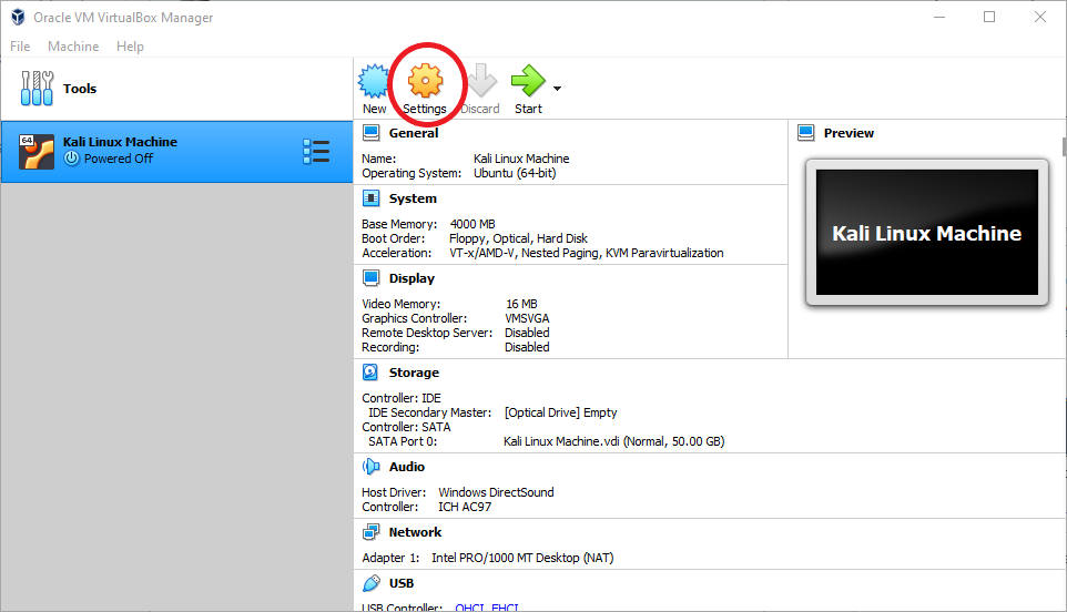 VirtualBox Windows with the Settings button emphasized